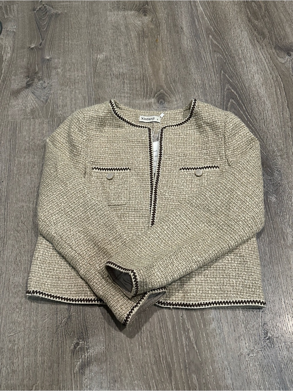 🌼3/$20 Textured Cream Collarless Tweed Jacket with Black Trim